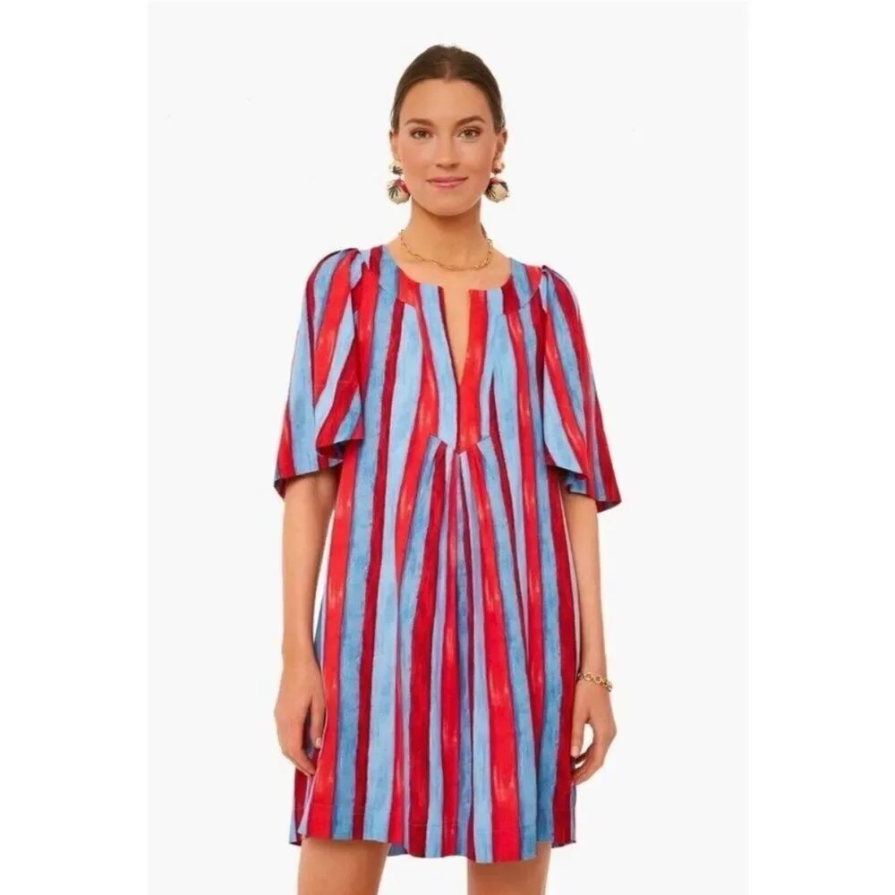 Pomander Place Blue Red Vertical Stripe Linen Rayon Pullover Nautical Dress